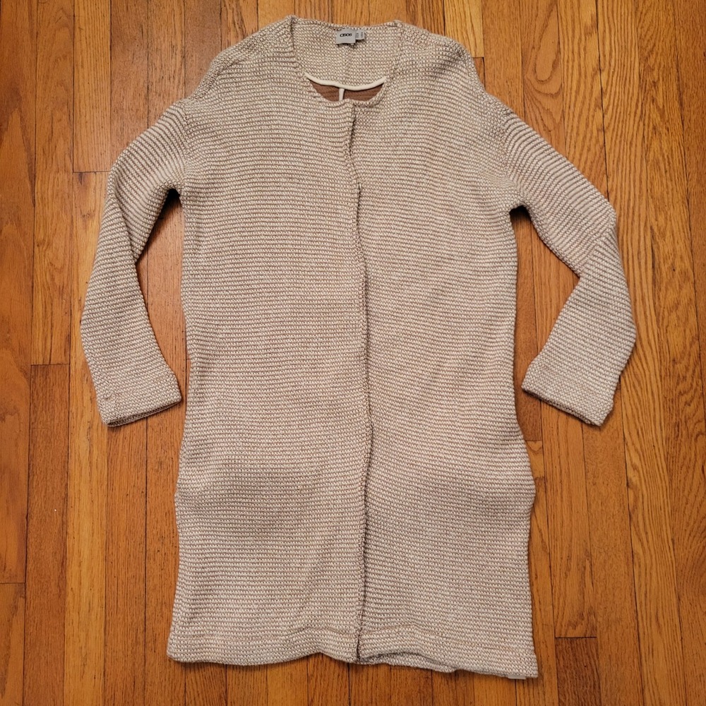 ASOS‎ 12 Knit Cardigan Duster Beige Tan Textured Pockets Coastal Granola Cozy